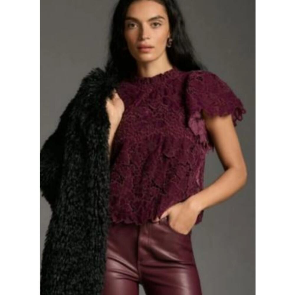 Anthropologie Floral Velvet Lace Flutter Sleeve Blouse | XS | Romantic Boho Top